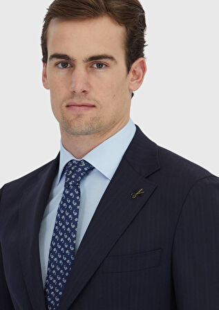 Lacivert Çizgili Zeroweight Slim Fit Yün Karışımlı Takım Elbise