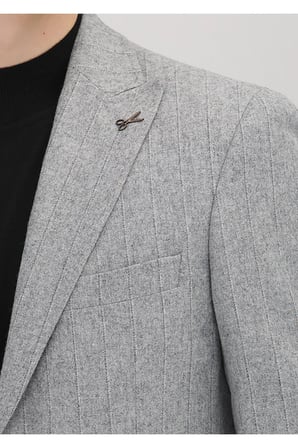 Gri Çizgili Shirt Shoulder Slim Fit Yün Karışımlı Ceket