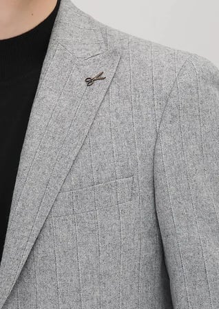 Gri Çizgili Shirt Shoulder Slim Fit Yün Karışımlı Ceket