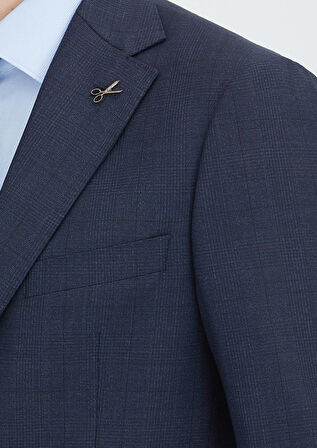 Lacivert Kareli Regular Fit Yün Karışımlı Takım Elbise