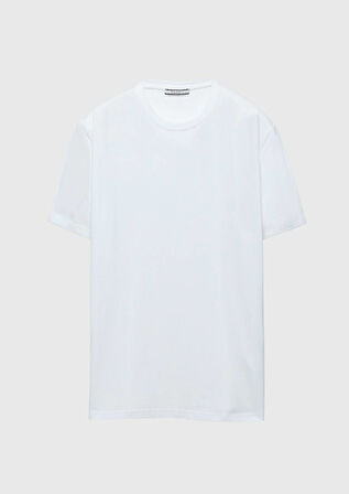 Beyaz Düz Bisiklet Yaka Pamuk Karışımlı T-Shirt