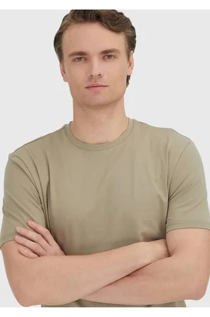 Deve Tüyü Düz Bisiklet Yaka Pamuk Karışımlı T-Shirt