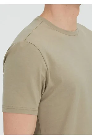 Deve Tüyü Düz Bisiklet Yaka Pamuk Karışımlı T-Shirt
