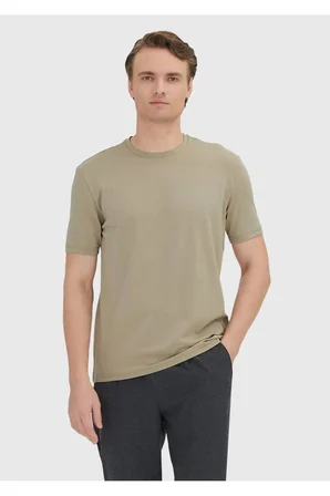 Deve Tüyü Düz Bisiklet Yaka Pamuk Karışımlı T-Shirt