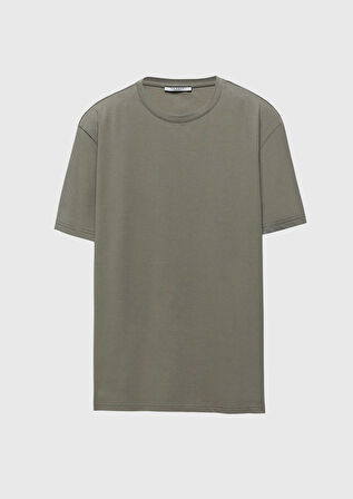 Deve Tüyü Düz Bisiklet Yaka Pamuk Karışımlı T-Shirt