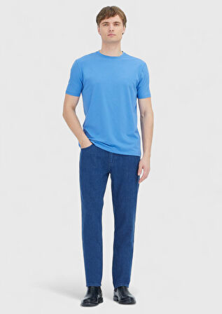 Mavi Düz Bisiklet Yaka Pamuk Karışımlı T-Shirt