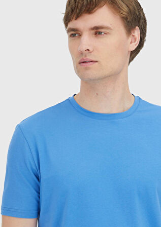 Mavi Düz Bisiklet Yaka Pamuk Karışımlı T-Shirt