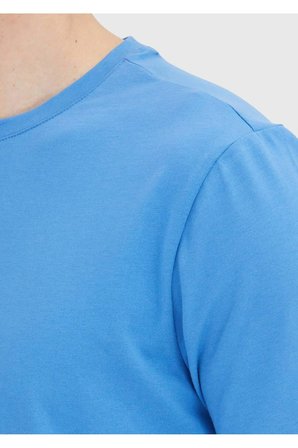 Mavi Düz Bisiklet Yaka Pamuk Karışımlı T-Shirt