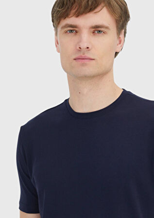 Lacivert Düz Bisiklet Yaka Pamuk Karışımlı T-Shirt