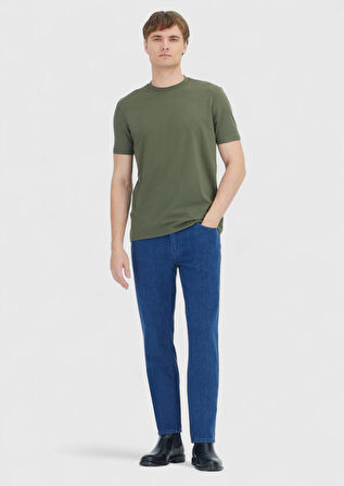 Haki Düz Bisiklet Yaka Pamuk Karışımlı T-Shirt