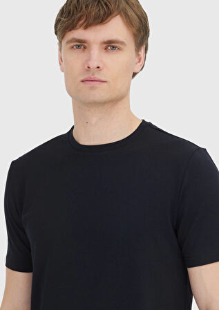 Siyah Düz Bisiklet Yaka Pamuk Karışımlı T-Shirt