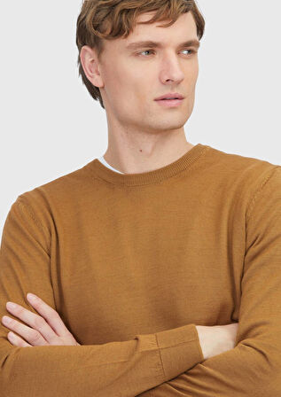 Deve Tüyü Bisiklet Yaka Düz Örgü Yün Karışımlı Triko Kazak