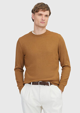 Deve Tüyü Bisiklet Yaka Düz Örgü Yün Karışımlı Triko Kazak