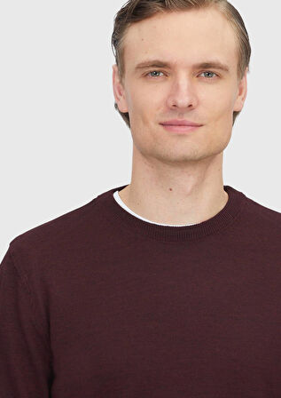 Bordo Bisiklet Yaka Düz Örgü Yün Karışımlı Triko Kazak