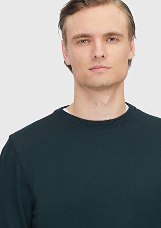 Yeşil Bisiklet Yaka Düz Örgü Yün Karışımlı Triko Kazak