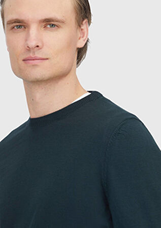 Yeşil Bisiklet Yaka Düz Örgü Yün Karışımlı Triko Kazak