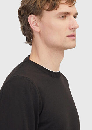 Koyu Kahve Bisiklet Yaka Düz Örgü Yün Karışımlı Triko Kazak