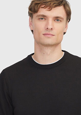 Koyu Kahve Bisiklet Yaka Düz Örgü Yün Karışımlı Triko Kazak