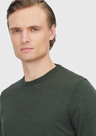 Haki Bisiklet Yaka Düz Örgü Yün Karışımlı Triko Kazak