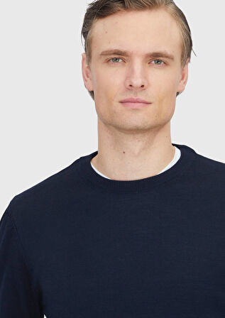 Lacivert Bisiklet Yaka Düz Örgü Yün Karışımlı Triko Kazak