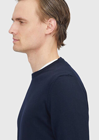 Lacivert Bisiklet Yaka Düz Örgü Yün Karışımlı Triko Kazak