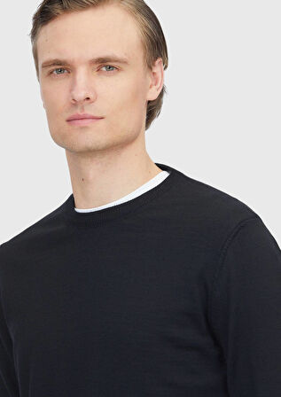 Siyah Bisiklet Yaka Düz Örgü Yün Karışımlı Triko Kazak