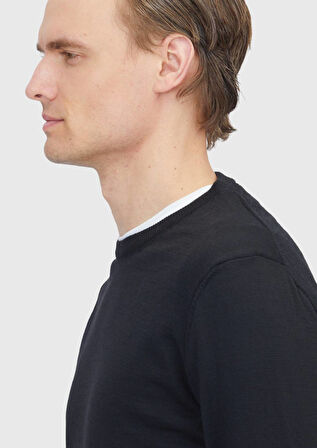 Siyah Bisiklet Yaka Düz Örgü Yün Karışımlı Triko Kazak