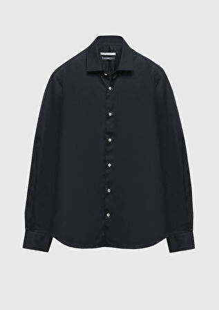 Siyah Regular Fit Dokuma Klasik %100 Pamuk Gömlek