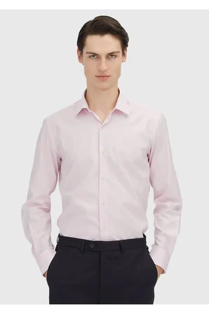 Pembe Regular Fit Dokuma Klasik %100 Pamuk Gömlek