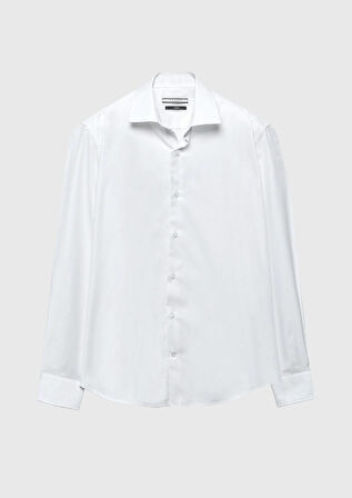 Beyaz Regular Fit Dokuma Klasik %100 Pamuk Gömlek