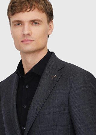 Siyah Desenli Regular Fit %100 Yün Ceket