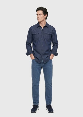İndigo Düz Casual Fit Uzun Dokuma Casual Pamuk Karışımlı Gömlek