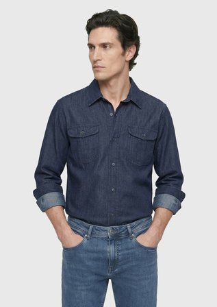 İndigo Düz Casual Fit Uzun Dokuma Casual Pamuk Karışımlı Gömlek