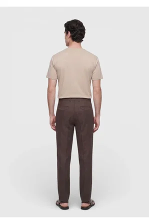 Kahverengi Düz Dokuma Jogging Fit Casual %100 Keten Pantolon