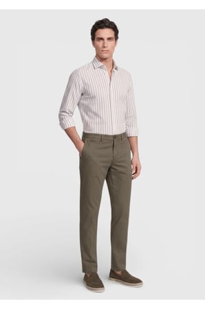 Haki Düz Dokuma Straight Fit Casual Pamuk Karışımlı Pantolon