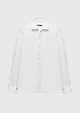 Beyaz Regular Fit Dokuma Klasik %100 Pamuk Gömlek