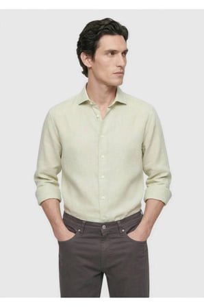 Açık Yeşil Düz Regular Fit Uzun Dokuma Casual Pamuk Karışımlı Gömlek