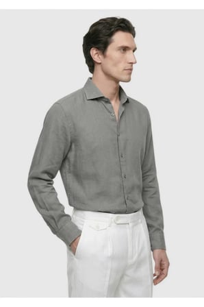 Antrasit Düz Casual Fit Uzun Dokuma Casual %100 Keten Gömlek
