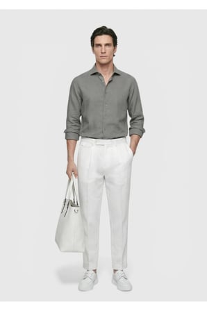 Antrasit Düz Casual Fit Uzun Dokuma Casual %100 Keten Gömlek