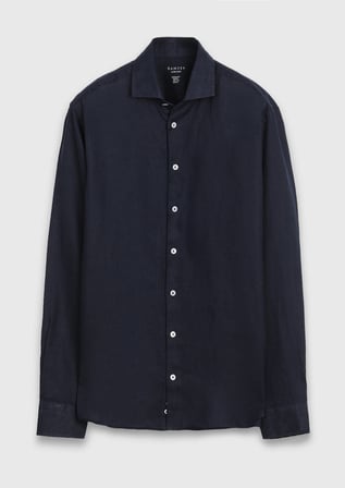 Lacivert Düz Casual Fit Uzun Dokuma Casual %100 Keten Gömlek