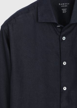 Lacivert Düz Casual Fit Uzun Dokuma Casual %100 Keten Gömlek