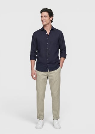 Lacivert Düz Casual Fit Uzun Dokuma Casual %100 Keten Gömlek