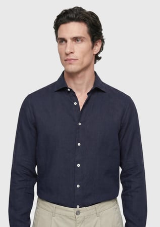Lacivert Düz Casual Fit Uzun Dokuma Casual %100 Keten Gömlek