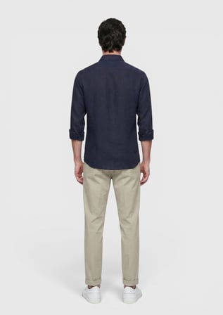 Lacivert Düz Casual Fit Uzun Dokuma Casual %100 Keten Gömlek