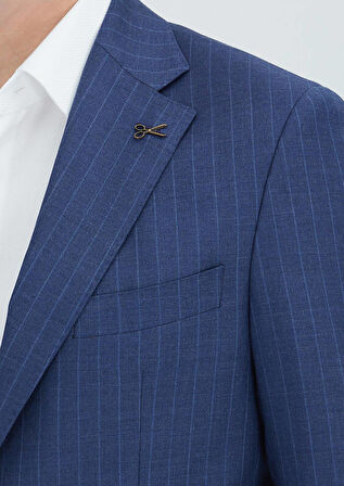 Lacivert Çizgili Zeroweight Slim Fit %100 Yün Takım Elbise