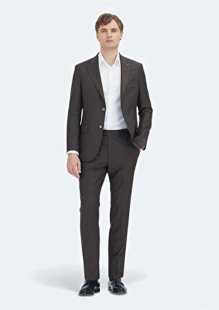 Vizon Çizgili Zeroweight Slim Fit %100 Yün Takım Elbise