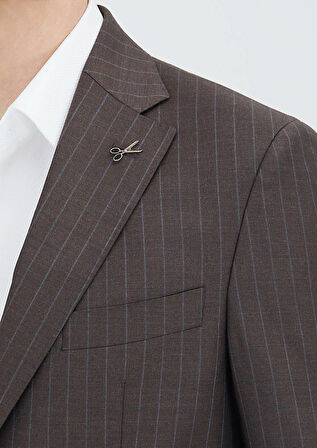 Vizon Çizgili Zeroweight Slim Fit %100 Yün Takım Elbise