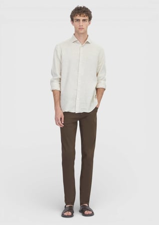 Açık Bej Düz Casual Fit Uzun Dokuma Casual %100 Keten Gömlek