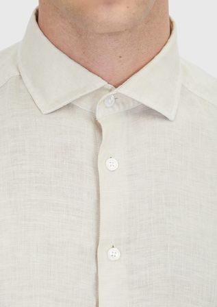 Açık Bej Düz Casual Fit Uzun Dokuma Casual %100 Keten Gömlek