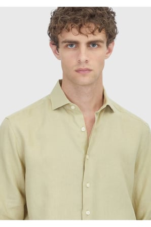 Açık Yeşil Düz Casual Fit Uzun Dokuma Casual %100 Keten Gömlek
